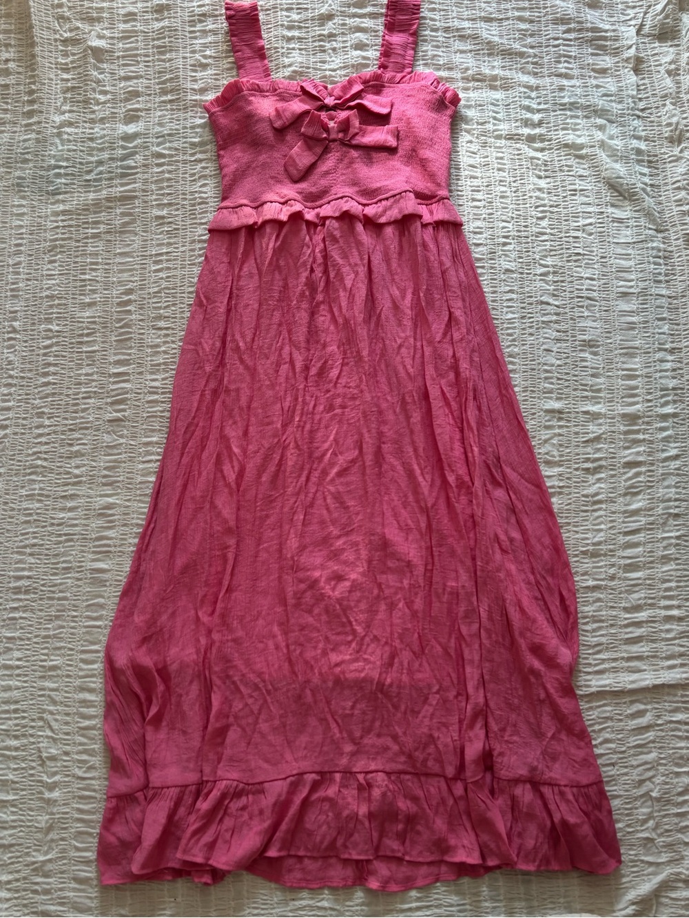 Summer Pink Ruffle-Trim Maxi Dress with Bow Detail